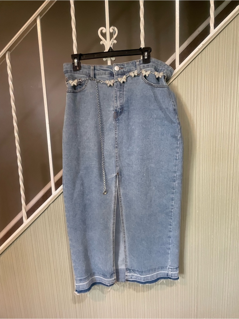 Charlotte Russe Blue Denim Maxi Skirt with Front Split - Size Large
